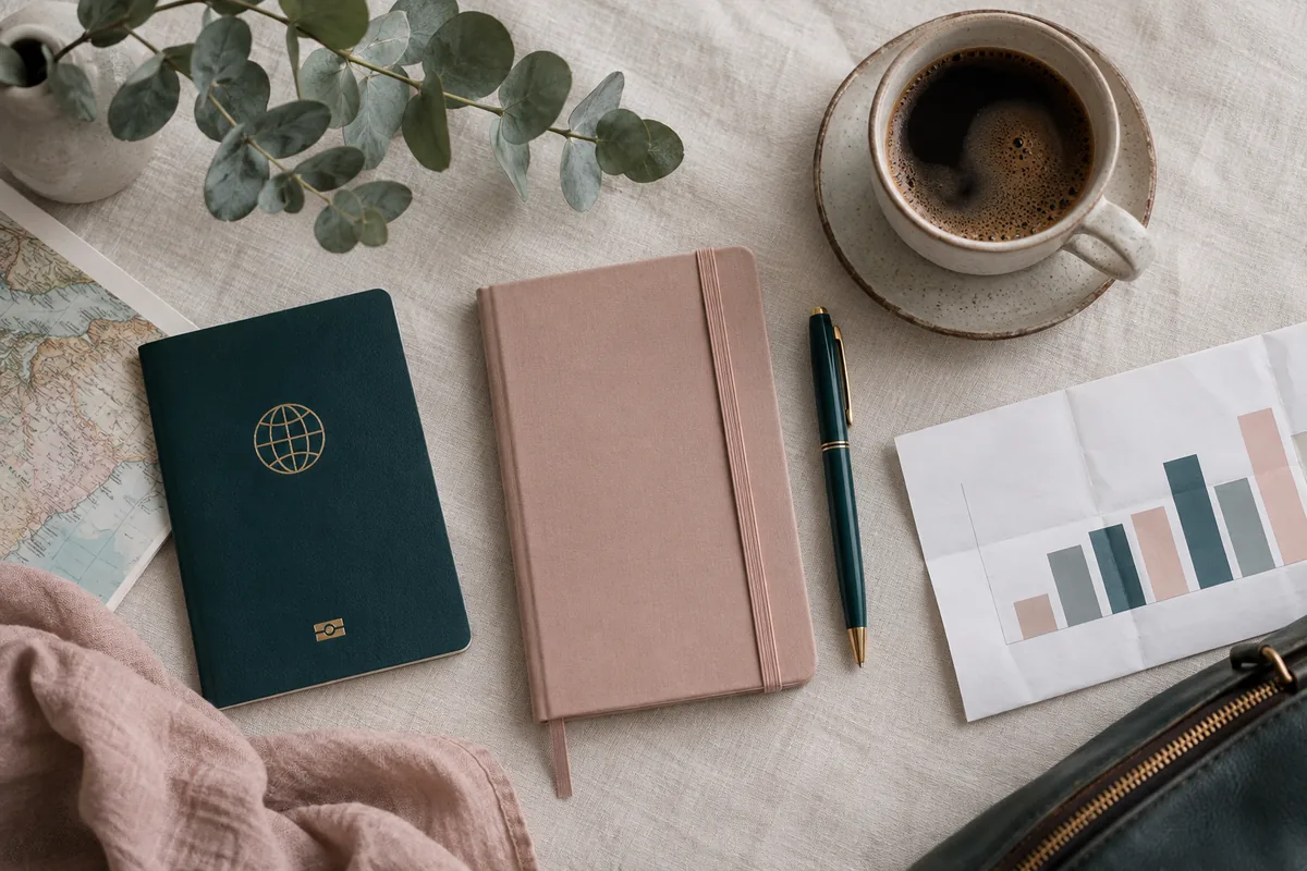 A passport, notebook, printed chart and a cup of coffee on a linen table