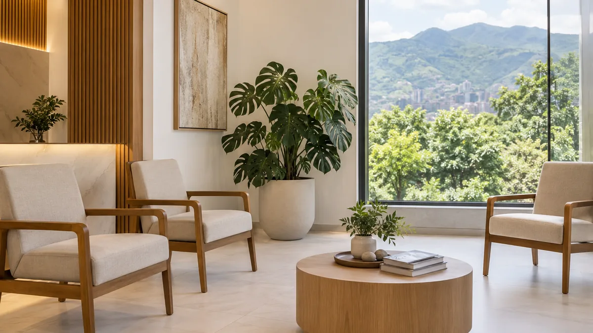 A quiet modern clinic reception with a green hillside outside the window