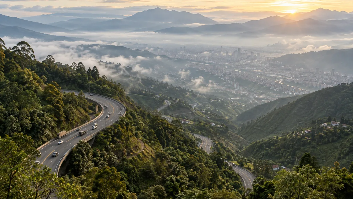 Aerial view of the highway descending from the plateau into the Medellín valley in morning mist