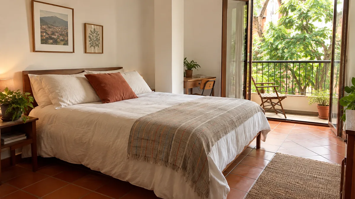 A bright one-bedroom apartment with a balcony door open onto trees